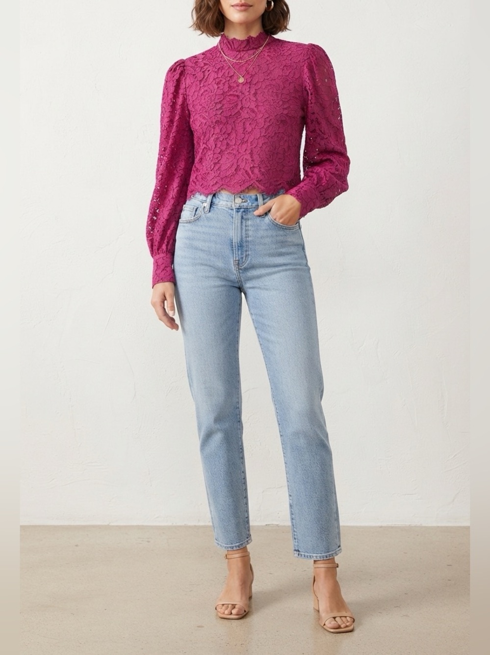 Flying Tomato Fuchsia Lace Mock-Neck Long Sleeve Top